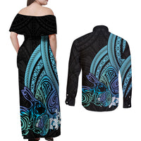 Turquoise Polynesia Easter Day Couples Matching Off Shoulder Maxi Dress and Long Sleeve Button Shirt Eggs With Bunny Polynesian Pattern LT14 - Polynesian Pride