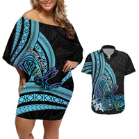 Turquoise Polynesia Easter Day Couples Matching Off Shoulder Short Dress and Hawaiian Shirt Eggs With Bunny Polynesian Pattern LT14 Turquoise - Polynesian Pride