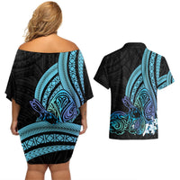 Turquoise Polynesia Easter Day Couples Matching Off Shoulder Short Dress and Hawaiian Shirt Eggs With Bunny Polynesian Pattern LT14 - Polynesian Pride