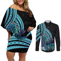 Turquoise Polynesia Easter Day Couples Matching Off Shoulder Short Dress and Long Sleeve Button Shirt Eggs With Bunny Polynesian Pattern LT14 Turquoise - Polynesian Pride