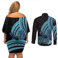 Turquoise Polynesia Easter Day Couples Matching Off Shoulder Short Dress and Long Sleeve Button Shirt Eggs With Bunny Polynesian Pattern LT14 - Polynesian Pride