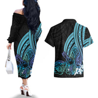 Turquoise Polynesia Easter Day Couples Matching Off The Shoulder Long Sleeve Dress and Hawaiian Shirt Eggs With Bunny Polynesian Pattern LT14 - Polynesian Pride