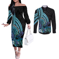 Turquoise Polynesia Easter Day Couples Matching Off The Shoulder Long Sleeve Dress and Long Sleeve Button Shirt Eggs With Bunny Polynesian Pattern LT14 Turquoise - Polynesian Pride