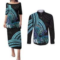 Turquoise Polynesia Easter Day Couples Matching Puletasi and Long Sleeve Button Shirt Eggs With Bunny Polynesian Pattern LT14 Turquoise - Polynesian Pride
