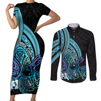 Turquoise Polynesia Easter Day Couples Matching Short Sleeve Bodycon Dress and Long Sleeve Button Shirt Eggs With Bunny Polynesian Pattern LT14 Turquoise - Polynesian Pride