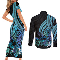 Turquoise Polynesia Easter Day Couples Matching Short Sleeve Bodycon Dress and Long Sleeve Button Shirt Eggs With Bunny Polynesian Pattern LT14 - Polynesian Pride