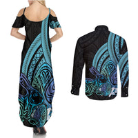 Turquoise Polynesia Easter Day Couples Matching Summer Maxi Dress and Long Sleeve Button Shirt Eggs With Bunny Polynesian Pattern LT14 - Polynesian Pride