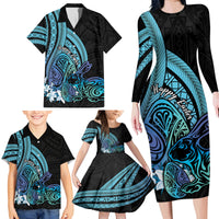 Turquoise Polynesia Easter Day Family Matching Long Sleeve Bodycon Dress and Hawaiian Shirt Eggs With Bunny Polynesian Pattern LT14 - Polynesian Pride