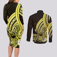 Yellow Polynesia Easter Day Couples Matching Long Sleeve Bodycon Dress and Long Sleeve Button Shirt Eggs With Bunny Polynesian Pattern LT14 - Polynesian Pride