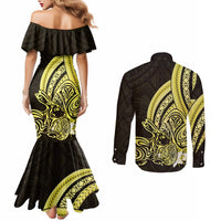 Yellow Polynesia Easter Day Couples Matching Mermaid Dress and Long Sleeve Button Shirt Eggs With Bunny Polynesian Pattern LT14 - Polynesian Pride