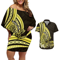 Yellow Polynesia Easter Day Couples Matching Off Shoulder Short Dress and Hawaiian Shirt Eggs With Bunny Polynesian Pattern LT14 Yellow - Polynesian Pride