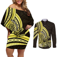 Yellow Polynesia Easter Day Couples Matching Off Shoulder Short Dress and Long Sleeve Button Shirt Eggs With Bunny Polynesian Pattern LT14 Yellow - Polynesian Pride