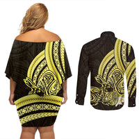 Yellow Polynesia Easter Day Couples Matching Off Shoulder Short Dress and Long Sleeve Button Shirt Eggs With Bunny Polynesian Pattern LT14 - Polynesian Pride