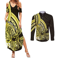 Yellow Polynesia Easter Day Couples Matching Summer Maxi Dress and Long Sleeve Button Shirt Eggs With Bunny Polynesian Pattern LT14 Yellow - Polynesian Pride