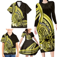 Yellow Polynesia Easter Day Family Matching Long Sleeve Bodycon Dress and Hawaiian Shirt Eggs With Bunny Polynesian Pattern LT14 - Polynesian Pride