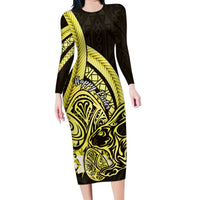 Yellow Polynesia Easter Day Family Matching Long Sleeve Bodycon Dress and Hawaiian Shirt Eggs With Bunny Polynesian Pattern LT14 Mom's Dress Yellow - Polynesian Pride
