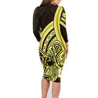 Yellow Polynesia Easter Day Family Matching Long Sleeve Bodycon Dress and Hawaiian Shirt Eggs With Bunny Polynesian Pattern LT14 - Polynesian Pride