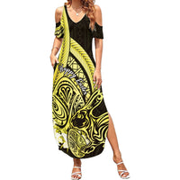 Yellow Polynesia Easter Day Family Matching Summer Maxi Dress and Hawaiian Shirt Eggs With Bunny Polynesian Pattern LT14 Mom's Dress Yellow - Polynesian Pride