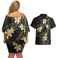 Polynesia Tattoo With Plumeria Couples Matching Off Shoulder Short Dress and Hawaiian Shirt Elegant Vibes LT14 - Polynesian Pride