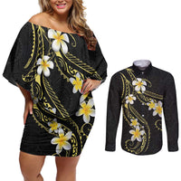 Polynesia Tattoo With Plumeria Couples Matching Off Shoulder Short Dress and Long Sleeve Button Shirt Elegant Vibes LT14 Black - Polynesian Pride