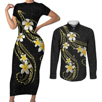 Polynesia Tattoo With Plumeria Couples Matching Short Sleeve Bodycon Dress and Long Sleeve Button Shirt Elegant Vibes LT14 Black - Polynesian Pride