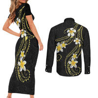 Polynesia Tattoo With Plumeria Couples Matching Short Sleeve Bodycon Dress and Long Sleeve Button Shirt Elegant Vibes LT14 - Polynesian Pride