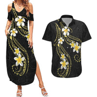 Polynesia Tattoo With Plumeria Couples Matching Summer Maxi Dress and Hawaiian Shirt Elegant Vibes LT14 Black - Polynesian Pride