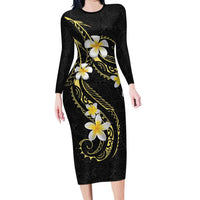 Polynesia Tattoo With Plumeria Long Sleeve Bodycon Dress Elegant Vibes LT14 Long Dress Black - Polynesian Pride