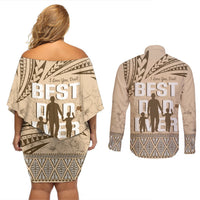 Tonga Father's Day Couples Matching Off Shoulder Short Dress and Long Sleeve Button Shirt Best Dad Ever Tongan Ngatu Pattern - Beige LT14 - Polynesian Pride