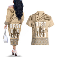 Tonga Father's Day Couples Matching Off The Shoulder Long Sleeve Dress and Hawaiian Shirt Best Dad Ever Tongan Ngatu Pattern - Beige