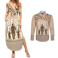 Tonga Father's Day Couples Matching Summer Maxi Dress and Long Sleeve Button Shirt Best Dad Ever Tongan Ngatu Pattern - Beige LT14 Beige - Polynesian Pride