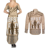 Tonga Father's Day Couples Matching Summer Maxi Dress and Long Sleeve Button Shirt Best Dad Ever Tongan Ngatu Pattern - Beige LT14 - Polynesian Pride