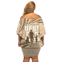 Tonga Father's Day Off Shoulder Short Dress Best Dad Ever Tongan Ngatu Pattern - Beige LT14 - Polynesian Pride