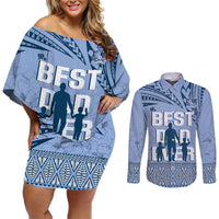 Tonga Father's Day Couples Matching Off Shoulder Short Dress and Long Sleeve Button Shirt Best Dad Ever Tongan Ngatu Pattern - Blue LT14 Blue - Polynesian Pride