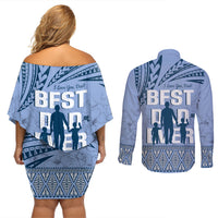 Tonga Father's Day Couples Matching Off Shoulder Short Dress and Long Sleeve Button Shirt Best Dad Ever Tongan Ngatu Pattern - Blue LT14 - Polynesian Pride