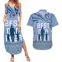 Tonga Father's Day Couples Matching Summer Maxi Dress and Hawaiian Shirt Best Dad Ever Tongan Ngatu Pattern - Blue LT14 Blue - Polynesian Pride