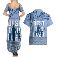 Tonga Father's Day Couples Matching Summer Maxi Dress and Hawaiian Shirt Best Dad Ever Tongan Ngatu Pattern - Blue LT14 - Polynesian Pride