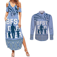 Tonga Father's Day Couples Matching Summer Maxi Dress and Long Sleeve Button Shirt Best Dad Ever Tongan Ngatu Pattern - Blue LT14 Blue - Polynesian Pride