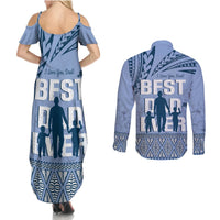 Tonga Father's Day Couples Matching Summer Maxi Dress and Long Sleeve Button Shirt Best Dad Ever Tongan Ngatu Pattern - Blue LT14 - Polynesian Pride