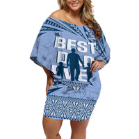 Tonga Father's Day Off Shoulder Short Dress Best Dad Ever Tongan Ngatu Pattern - Blue LT14 Women Blue - Polynesian Pride