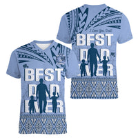 Tonga Father's Day Women V-Neck T-Shirt Best Dad Ever Tongan Ngatu Pattern - Blue