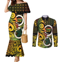 Vanuatu 1980 Couples Matching Mermaid Dress and Long Sleeve Button Shirt Ni-Van Tamtam Sand Drawing Pattern LT14 Black - Polynesian Pride