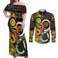 Vanuatu 1980 Couples Matching Off Shoulder Maxi Dress and Long Sleeve Button Shirt Ni-Van Tamtam Sand Drawing Pattern LT14 Black - Polynesian Pride