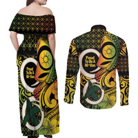 Vanuatu 1980 Couples Matching Off Shoulder Maxi Dress and Long Sleeve Button Shirt Ni-Van Tamtam Sand Drawing Pattern LT14 - Polynesian Pride