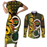 Vanuatu 1980 Couples Matching Short Sleeve Bodycon Dress and Long Sleeve Button Shirt Ni-Van Tamtam Sand Drawing Pattern LT14 Black - Polynesian Pride