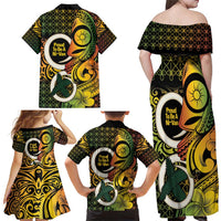 Vanuatu 1980 Family Matching Off Shoulder Maxi Dress and Hawaiian Shirt Ni-Van Tamtam Sand Drawing Pattern