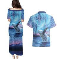 New Zealand Matariki Humpback Whale Couples Matching Puletasi and Hawaiian Shirt Paikea Maori New Year Blue Galaxy