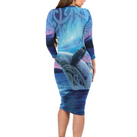 New Zealand Matariki Humpback Whale Family Matching Long Sleeve Bodycon Dress and Hawaiian Shirt Paikea Maori New Year Blue Galaxy