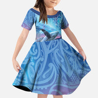 New Zealand Matariki Humpback Whale Family Matching Off Shoulder Short Dress and Hawaiian Shirt Paikea Maori New Year Blue Galaxy