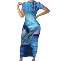 New Zealand Matariki Humpback Whale Family Matching Short Sleeve Bodycon Dress and Hawaiian Shirt Paikea Maori New Year Blue Galaxy